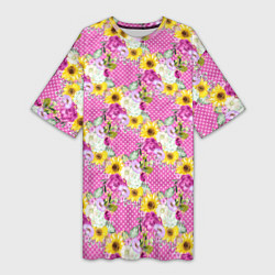 Женская длинная футболка Полевые фиолетовые и желтые цветочки