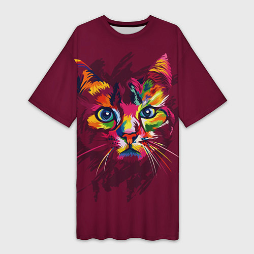 Женская длинная футболка Кошечка в ярких красках / 3D-принт – фото 1