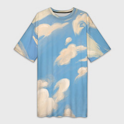 Женская длинная футболка Рисунок голубого неба с облаками маслом