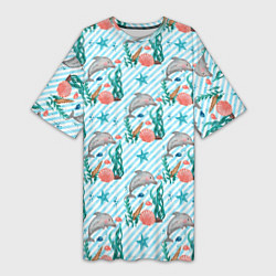 Женская длинная футболка Дельфины Море