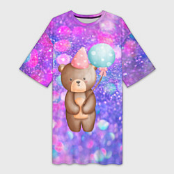 Женская длинная футболка День Рождения - Медвежонок с шариками