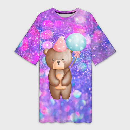 Женская длинная футболка День Рождения - Медвежонок с шариками / 3D-принт – фото 1