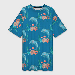 Женская длинная футболка Дельфины Море паттерн