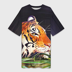 Женская длинная футболка Бенгальский Тигр в кустах