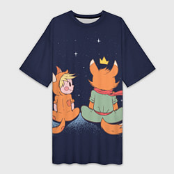 Женская длинная футболка Маленький принц и лис смотрят на небо