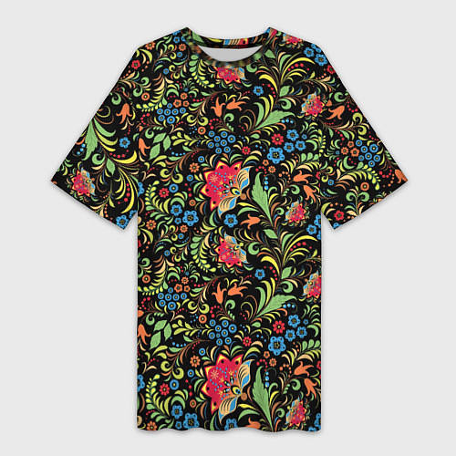 Женская длинная футболка Цветочный Узор хохлома / 3D-принт – фото 1