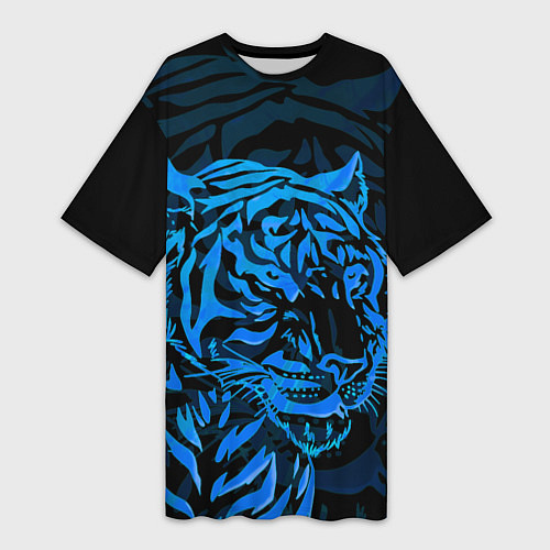 Женская длинная футболка Голубой тигр Blue / 3D-принт – фото 1