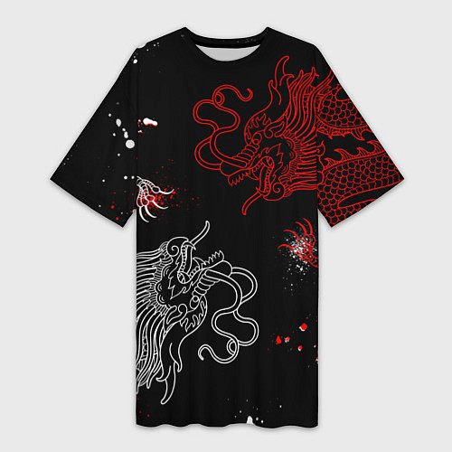 Женская длинная футболка Китайский дракон Красно - Белый / 3D-принт – фото 1