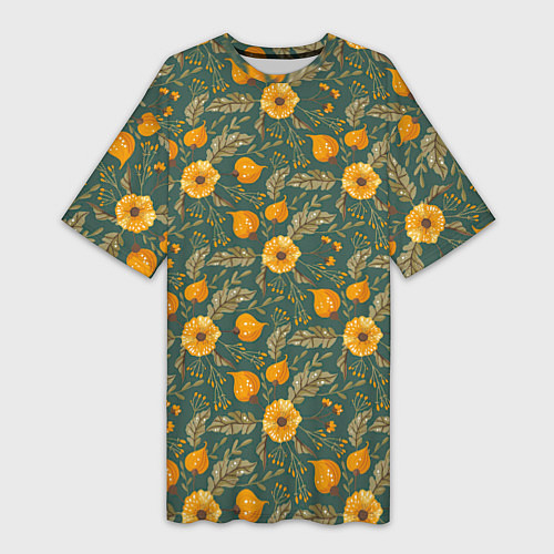 Женская длинная футболка Желтые цветочки и листья / 3D-принт – фото 1