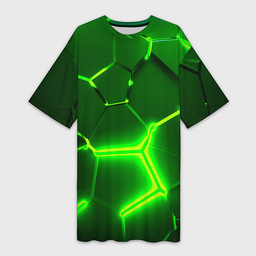 Женская длинная футболка 3D ПЛИТЫ НЕОН NEON GREEN HEXAGON РАЗЛОМ / 3D-принт – фото 1