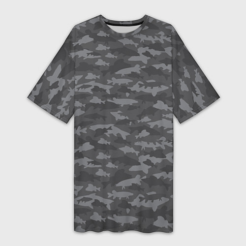 Женская длинная футболка Тёмно-Серый Камуфляж Рыбака / 3D-принт – фото 1