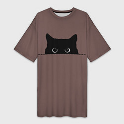 Женская длинная футболка Черная кошка выглядывает из укрытия