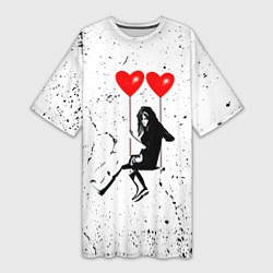 Женская длинная футболка BANKSY БЭНКСИ девочка на качелях с сердцами