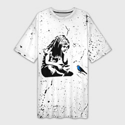 Футболка женская длинная Banksy - Бэнкси девочка с птицей, цвет: 3D-принт