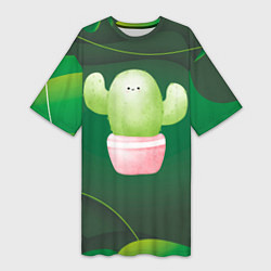 Женская длинная футболка Зеленый милый кактус