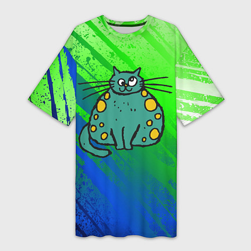 Женская длинная футболка Прикольный зеленый кот / 3D-принт – фото 1