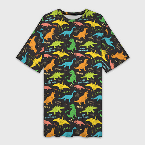 Женская длинная футболка Разноцветные Динозавры / 3D-принт – фото 1