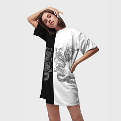 Футболка женская длинная Double Dragon Дракон Чб, цвет: 3D-принт — фото 2