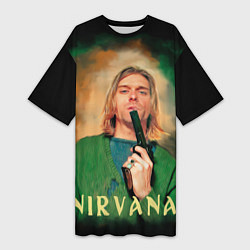 Футболка женская длинная Nirvana - Kurt Cobain with a gun, цвет: 3D-принт