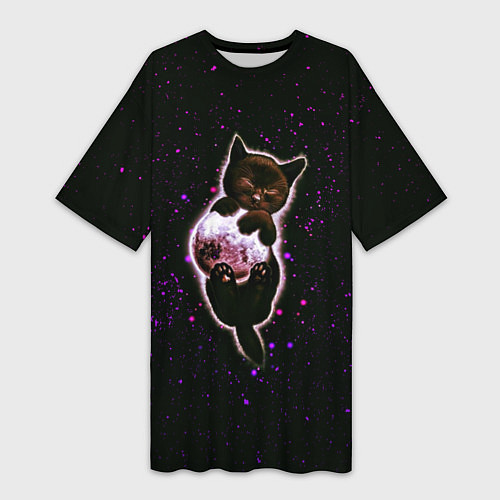 Женская длинная футболка Котенок в космосе - звезды неон / 3D-принт – фото 1