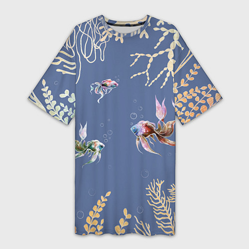 Женская длинная футболка Разноцветные акварельные рыбки с морскими водоросл / 3D-принт – фото 1