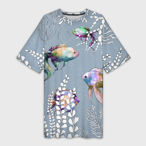 Женская длинная футболка Разноцветные акварельные рыбки и белые водоросли / 3D-принт – фото 1