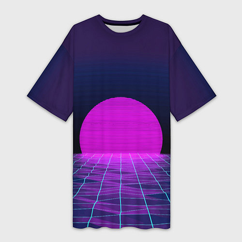 Женская длинная футболка Закат розового солнца Vaporwave Психоделика / 3D-принт – фото 1