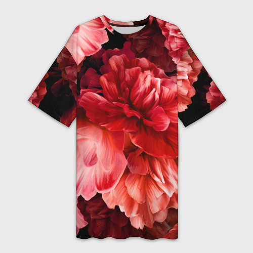 Женская длинная футболка Цветы Красные Пионы / 3D-принт – фото 1