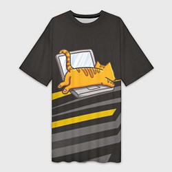 Женская длинная футболка Котик лежит на ноутбуке