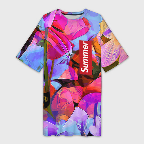 Женская длинная футболка Красочный летний цветочный паттерн Summer color pa / 3D-принт – фото 1