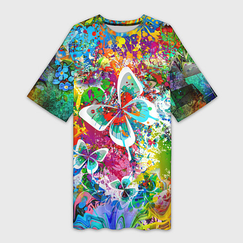Женская длинная футболка Яркое безумие Бабочки, кляксы, граффити / 3D-принт – фото 1
