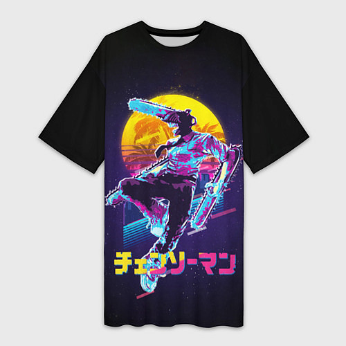 Женская длинная футболка CHAINSAW MAN on the background of the moon / 3D-принт – фото 1