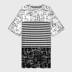 Женская длинная футболка Черно-белый комбинированный абстрактный с полосаты