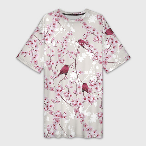 Женская длинная футболка Цветы Сакуры и Птицы / 3D-принт – фото 1