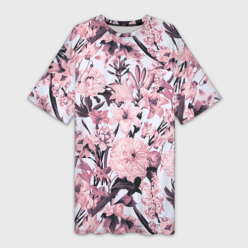 Женская длинная футболка Цветы Розовые Пионы На Светлом Фоне / 3D-принт – фото 1