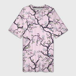 Женская длинная футболка Цветы Сакуры и Птицы На Ветках