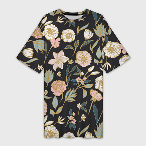 Женская длинная футболка Цветы Астры На Чёрном Фоне / 3D-принт – фото 1