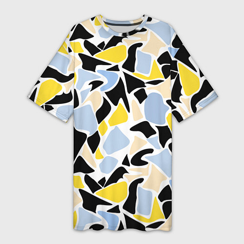 Женская длинная футболка Абстрактный узор в желто-голубых тонах на черном ф / 3D-принт – фото 1