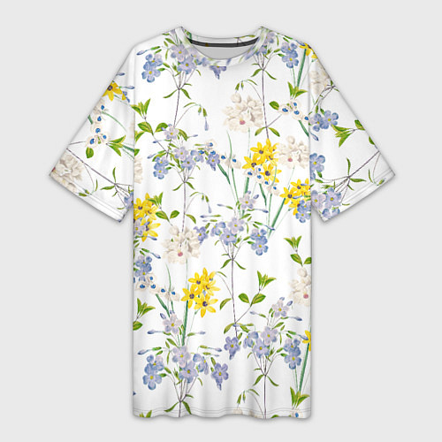 Женская длинная футболка Цветы Барвинок и Рудбекия / 3D-принт – фото 1