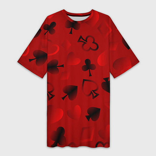 Женская длинная футболка Карты карточные масти на красном фоне / 3D-принт – фото 1