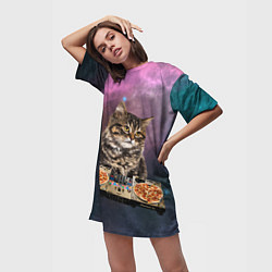 Футболка женская длинная Космический котёнок диджей Space DJ Cat, цвет: 3D-принт — фото 2