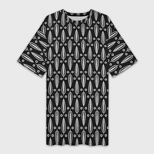 Женская длинная футболка Черно-белый современный модный узор листья / 3D-принт – фото 1