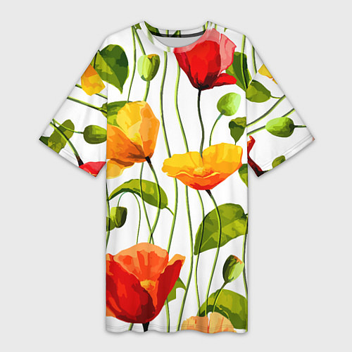 Женская длинная футболка Волнообразный узор из цветков мака Лето / 3D-принт – фото 1