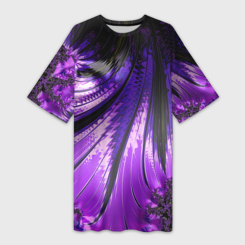 Женская длинная футболка Неоновый фрактал черный с фиолетовым Абстракция / 3D-принт – фото 1
