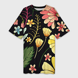 Женская длинная футболка Яркие цветы на фоне тёмной летней ночи!