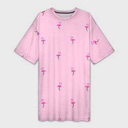 Футболка женская длинная Фламинго на розовом фоне, цвет: 3D-принт