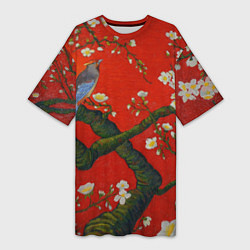 Женская длинная футболка Птица на ветвях сакуры