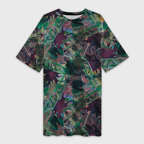Женская длинная футболка Абстрактный гранжевый принт с кляксами и штрихами / 3D-принт – фото 1