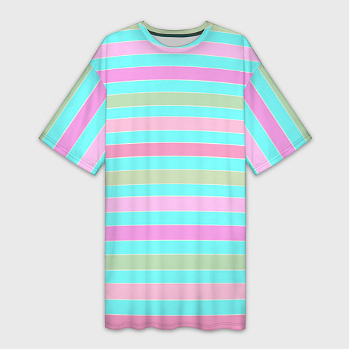 Женская длинная футболка Pink turquoise stripes horizontal Полосатый узор / 3D-принт – фото 1