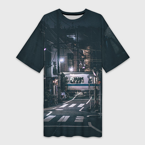 Женская длинная футболка Ночная улица города - Белый / 3D-принт – фото 1
